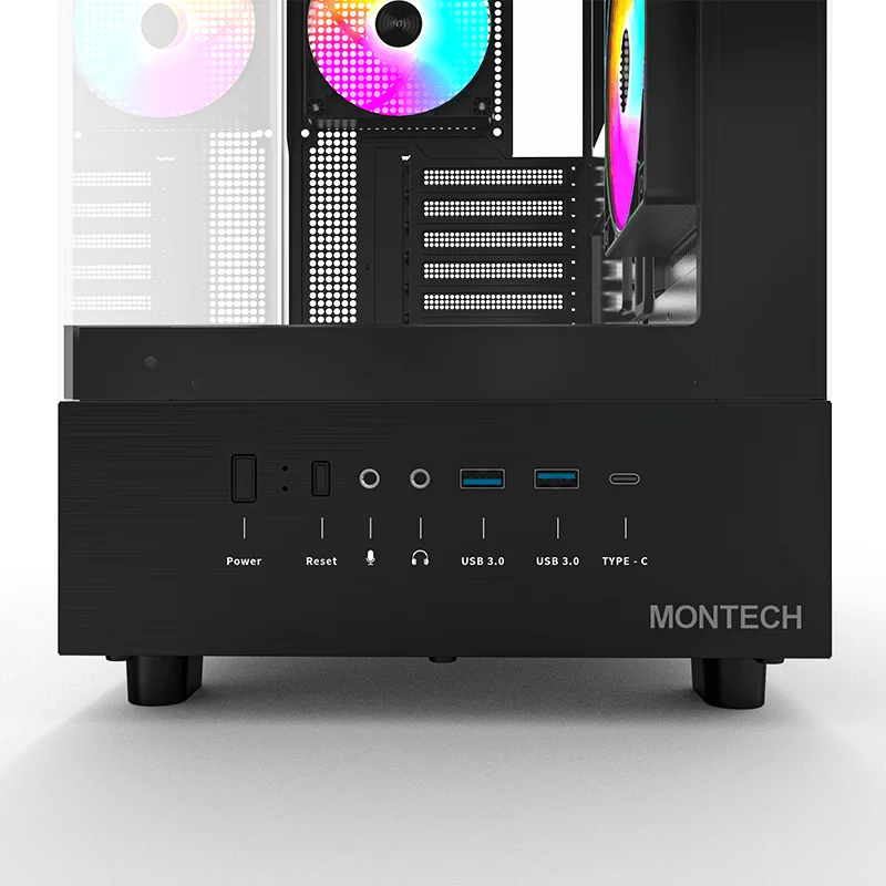 Montech XR Mid Tower Case, 3x Pre-Installed 120mm ARGB PWM Fan, Three-Sided Magnetic Dust Filter, Wood-Grain I/O Interface, MOBO Upto ATX, Black-GC