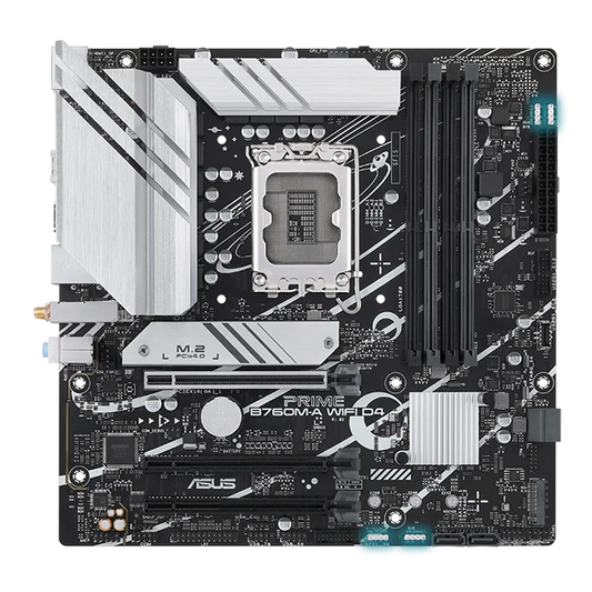 Asus PRIME B760M-A WIFI D4 Motherboard, Intel B760 (LGA 1700) mATX motherboard, PCIe 4.0, 4 x DIMM, 2x M.2 slots, Realtek 2.5Gb Ethernet, Wi-Fi 6, DisplayPort, Dual HDMI, SATA 6 Gbps, USB 3.2 Gen 2, Type-C, Aura Sync