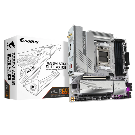 Gigabyte B650M AORUS ELITE AX ICE AMD Socket AM5 DDR5 Motherboard, 4 x DDR5 DIMM up to 192 GB, Advanced Thermal Design & M.2 Thermal Guard, 2.5GbE LAN & Wi-Fi 6E, EZ-Latch, Smart Fan 6, Q-Flash Plus | B650M A ELITE AX ICE-GC