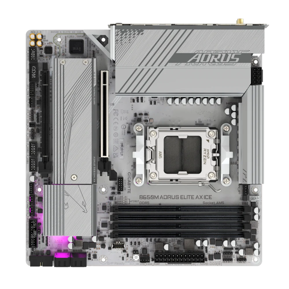 Gigabyte B650M AORUS ELITE AX ICE AMD Socket AM5 DDR5 Motherboard, 4 x DDR5 DIMM up to 192 GB, Advanced Thermal Design & M.2 Thermal Guard, 2.5GbE LAN & Wi-Fi 6E, EZ-Latch, Smart Fan 6, Q-Flash Plus | B650M A ELITE AX ICE-GC