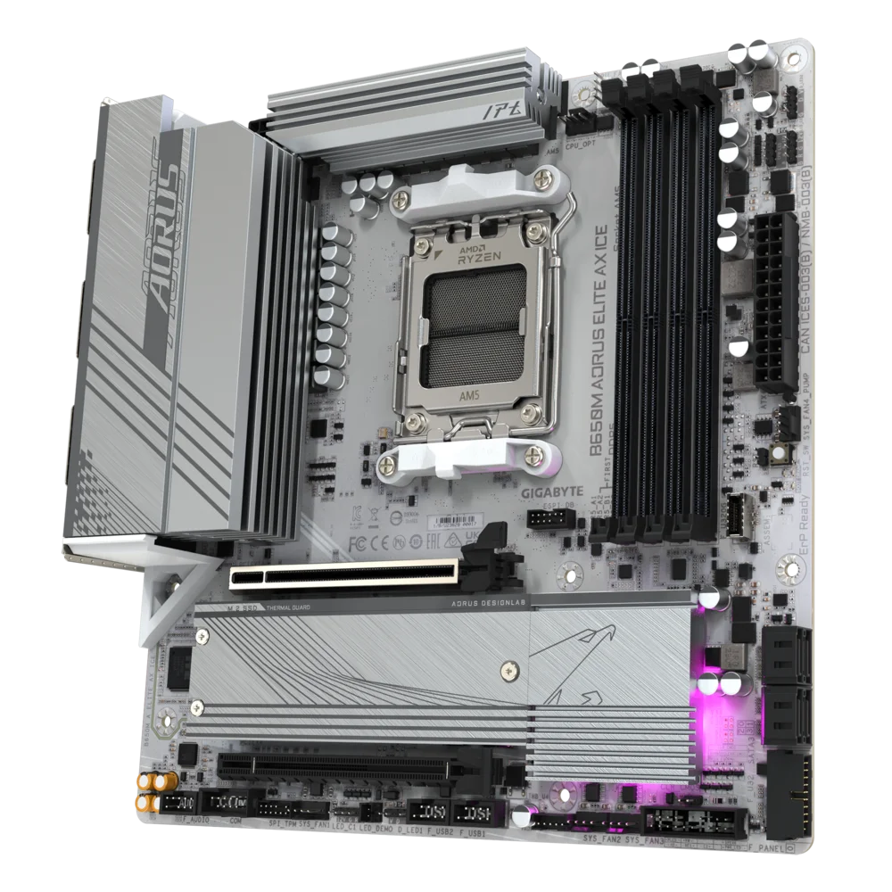 Gigabyte B650M AORUS ELITE AX ICE AMD Socket AM5 DDR5 Motherboard, 4 x DDR5 DIMM up to 192 GB, Advanced Thermal Design & M.2 Thermal Guard, 2.5GbE LAN & Wi-Fi 6E, EZ-Latch, Smart Fan 6, Q-Flash Plus | B650M A ELITE AX ICE-GC