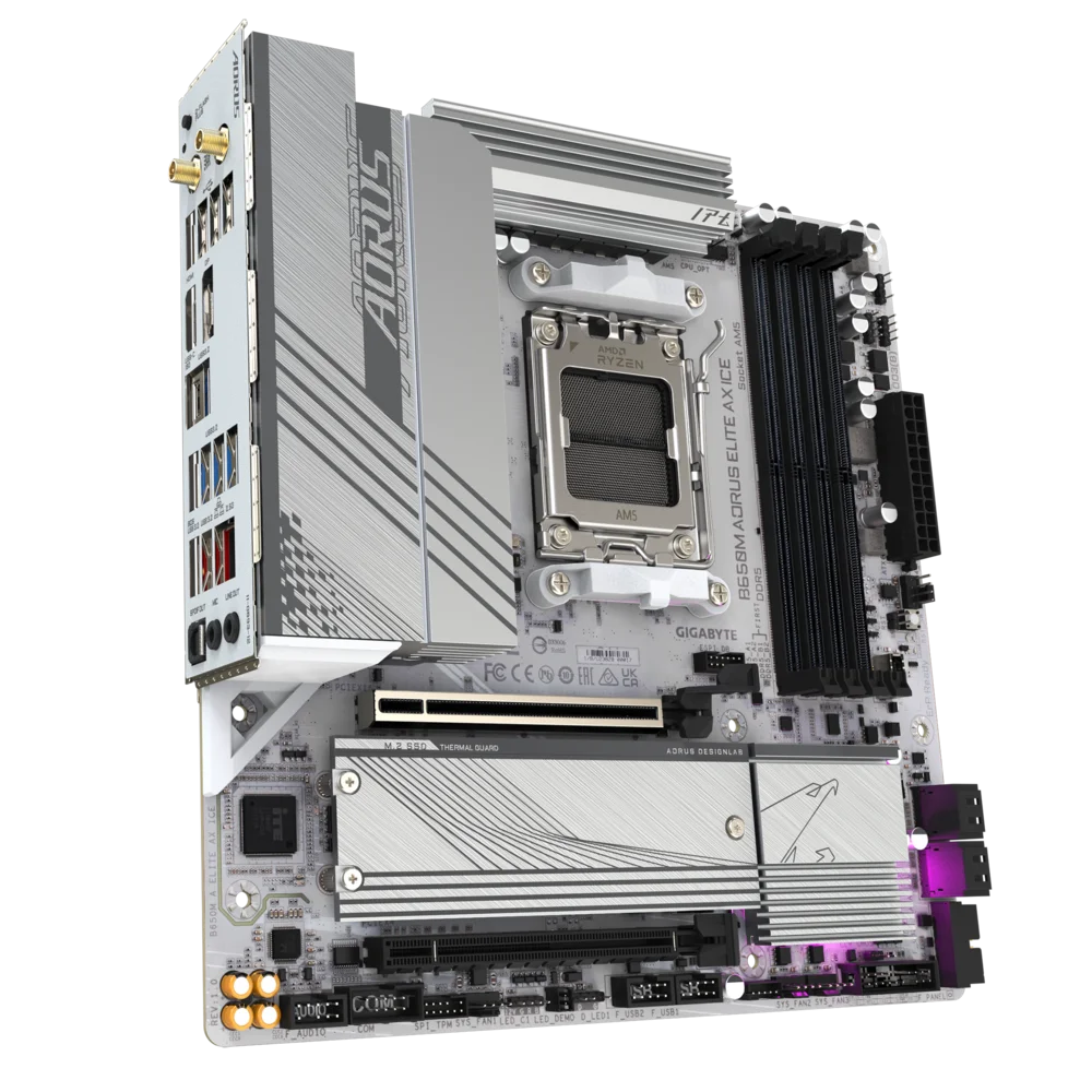 Gigabyte B650M AORUS ELITE AX ICE AMD Socket AM5 DDR5 Motherboard, 4 x DDR5 DIMM up to 192 GB, Advanced Thermal Design & M.2 Thermal Guard, 2.5GbE LAN & Wi-Fi 6E, EZ-Latch, Smart Fan 6, Q-Flash Plus | B650M A ELITE AX ICE-GC