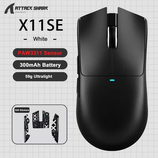 ATTACK SHARK X11SE Wireless Gaming Mouse - 63g Ultra, Wireless/2.4G/Wired, 1000Hz Polling, PAW3311 Sensor, 300mAh Battery, Right/Left Hand Compatible, Compatible with PC/Xbox/PS/Mac, RGB-Free Low-Power Mouse
