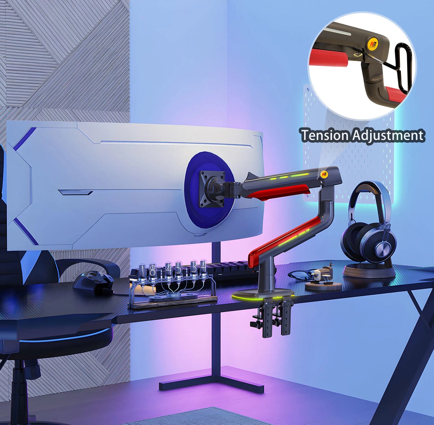 NB F5-GR RGB Gaming Monitor Arm | Gas Spring, 360° Rotation, 32–60 Inch Screens, up to 20kg – Dark Red