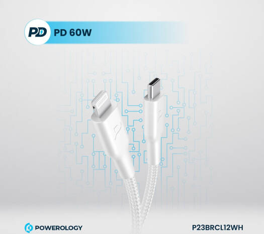 Powerology New Braided Type-C to Lightning Cable,1.2M Length,PD 60W,30000+Bends,Fast Charging,P23BRCL12WH