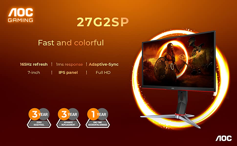 AOC Gaming 27G2SP 27” Frameless Gaming Monitor, FHD 1920x1080, 165Hz 1ms, Adaptive-Sync, Low Input Lag, VESA, Height Adjust