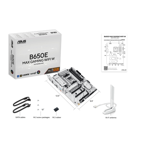 ASUS B650E MAX Gaming WiFi W – AMD B650 AM5 ATX Motherboard, White PCB, DDR5, PCIe 5.0, 3X M.2, Wi-Fi 6E, 2.5Gb LAN, USB 10Gbps Type-C, DisplayPort, HDMI™, BIOS Flashback™, Aura Sync, Advanced AI PC