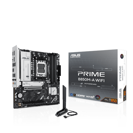 ASUS PRIME B850M-A WIFI, AMD mATX Motherboard, DDR5 Slot, PCIe 5.0 Ready, 3 M.2 Slots, Wi-Fi 6E, 2.5GB Realtek Ethernet, DisplayPort, HDMI, USB-C Front 5Gbps, BIOS FlashBack, Aura Sync