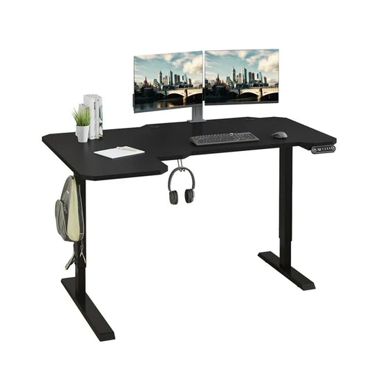 XOVO Height Adjustable L-Shaped Gaming Desk – Motorized, Carbon Fiber Surface, RGB LED Lighting, Cup Holder & Headphone Hook  – Black Left