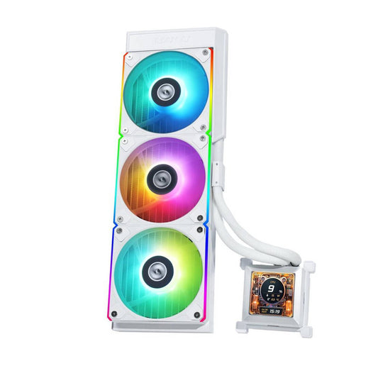 Lian-Li HydroShift LCD 360R AIO Liquid CPU Cooler, 360mm Radiator, 2.88" IPS Display, 3800 RPM Pump Speed, 2400 RPM Fan Speed, 79.9 CFM Airflow, FBD Bearing Type, White.