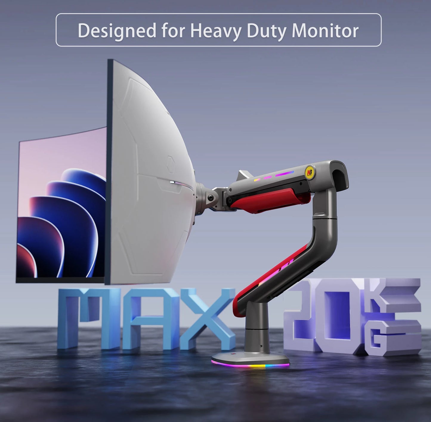 NB F5-GR RGB Gaming Monitor Arm | Gas Spring, 360° Rotation, 32–60 Inch Screens, up to 20kg – Dark Red