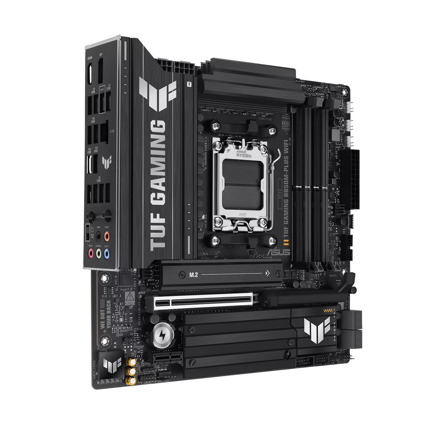 ASUS TUF GAMING B850M-PLUS WIFI AMD B850 AM5 Micro-ATX Motherboard, DDR5 8000+MT/s (OC), PCIe 5.0 x16, Wi-Fi 6E, Bluetooth 5.3, 3× M.2 NVMe, USB 20Gbps Type-C, 2.5GbE LAN, HDMI 2.1, DisplayPort, BIOS FlashBack