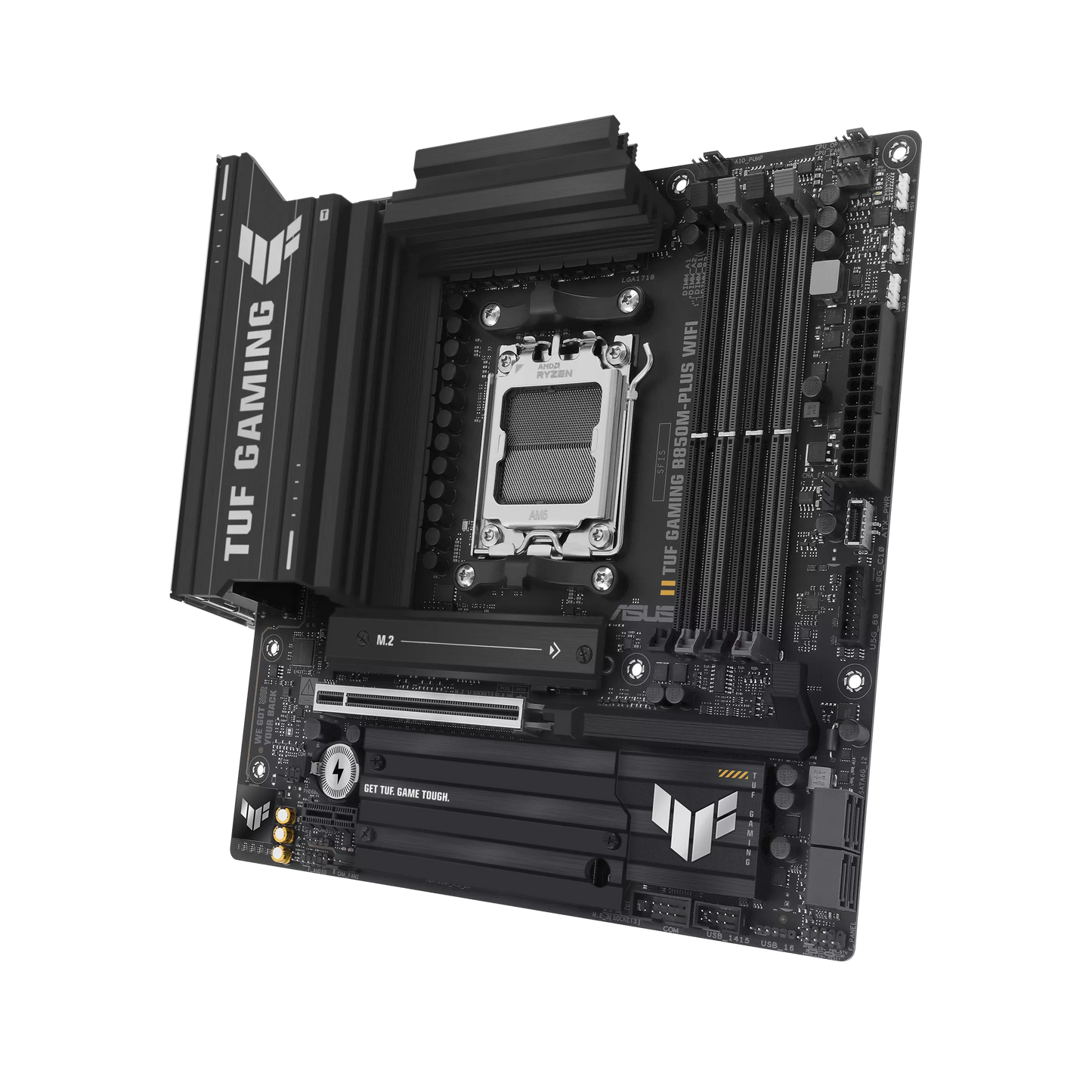ASUS TUF GAMING B850M-PLUS WIFI AMD B850 AM5 Micro-ATX Motherboard, DDR5 8000+MT/s (OC), PCIe 5.0 x16, Wi-Fi 6E, Bluetooth 5.3, 3× M.2 NVMe, USB 20Gbps Type-C, 2.5GbE LAN, HDMI 2.1, DisplayPort, BIOS FlashBack