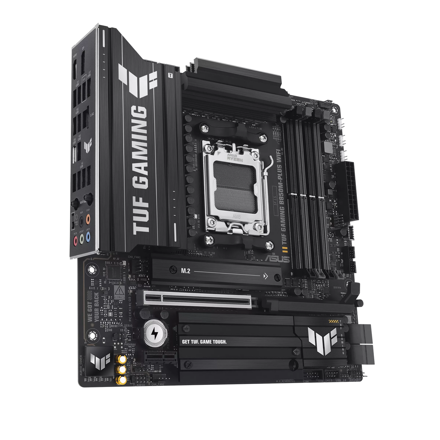 ASUS TUF GAMING B850M-PLUS WIFI AMD B850 AM5 Micro-ATX Motherboard, DDR5 8000+MT/s (OC), PCIe 5.0 x16, Wi-Fi 6E, Bluetooth 5.3, 3× M.2 NVMe, USB 20Gbps Type-C, 2.5GbE LAN, HDMI 2.1, DisplayPort, BIOS FlashBack