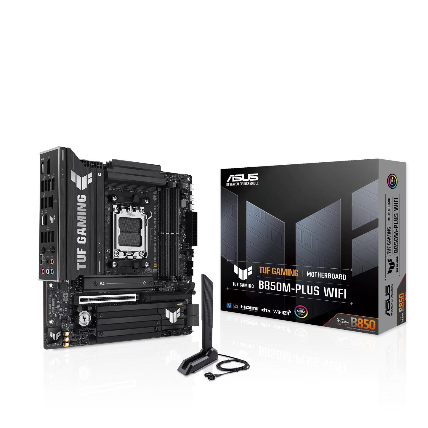 ASUS TUF GAMING B850M-PLUS WIFI AMD B850 AM5 Micro-ATX Motherboard, DDR5 8000+MT/s (OC), PCIe 5.0 x16, Wi-Fi 6E, Bluetooth 5.3, 3× M.2 NVMe, USB 20Gbps Type-C, 2.5GbE LAN, HDMI 2.1, DisplayPort, BIOS FlashBack
