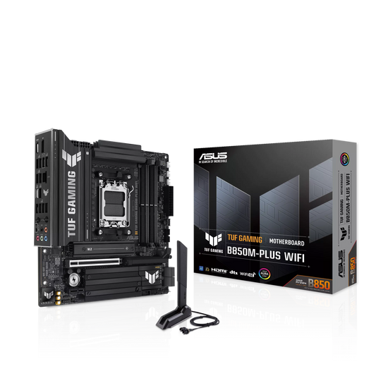 ASUS TUF GAMING B850M-PLUS WIFI AMD B850 AM5 Micro-ATX Motherboard, DDR5 8000+MT/s (OC), PCIe 5.0 x16, Wi-Fi 6E, Bluetooth 5.3, 3× M.2 NVMe, USB 20Gbps Type-C, 2.5GbE LAN, HDMI 2.1, DisplayPort, BIOS FlashBack Games Corner 