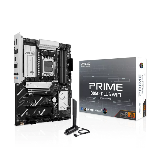 ASUS PRIME B850-PLUS WIFI AMD B850 AM5 ATX Motherboard Supports Ryzen 9000 8000 7000 Series DDR5 8000+MHz OC PCIe 5.0 PCIe 5.0 M.2 WiFi 6E Bluetooth 5.3 2.5G LAN USB 10Gbps Type-C HDMI 2.1 DisplayPort BIOS FlashBack Aura Sync Games Corner 