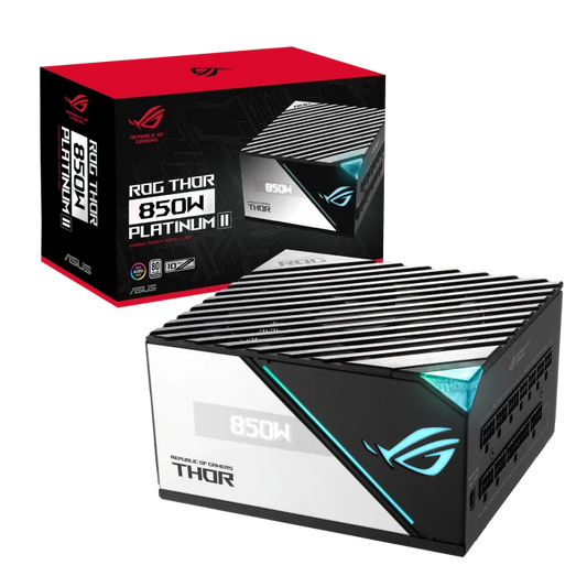 ASUS ROG THOR 850W Platinum II Fully Modular Power Supply, 80 Plus Platinum,135mm Wing-blade Fan with PWM Control, ROG Heatsinks, OLED Display, Aura Sync, Low-ESR Capacitors.