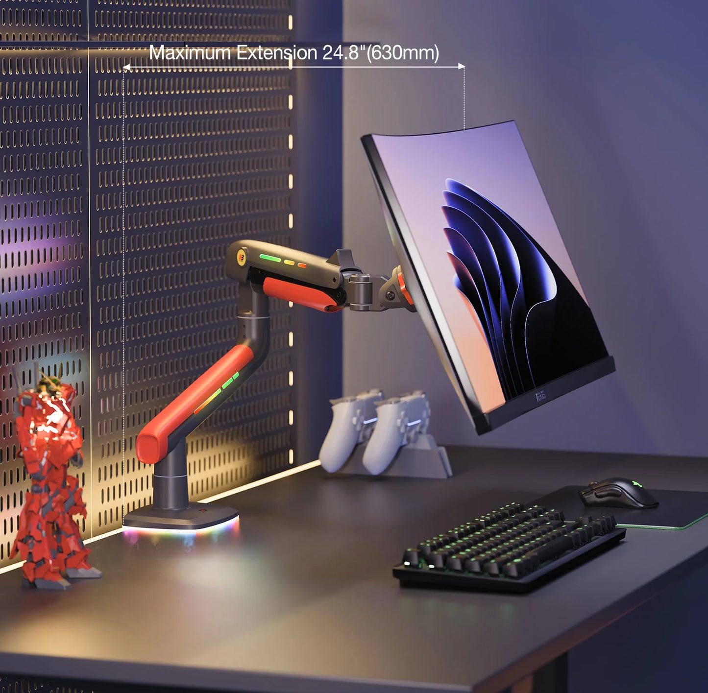 NB F5-GR RGB Gaming Monitor Arm | Gas Spring, 360° Rotation, 32–60 Inch Screens, up to 20kg – Dark Red