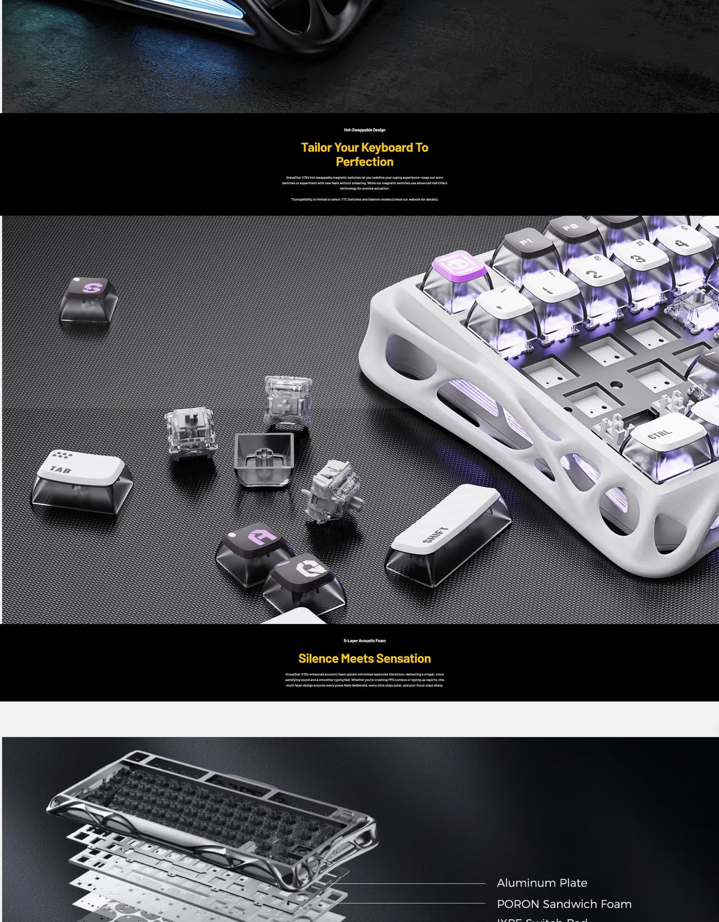 GravaStar Mercury V75- HE Gaming Keyboard, 75% Layout, Jade Pro Switch, 8kHz Polling Rate, Semi-Aluminum Construction, Dynamic Rapid Trigger, Stealth Black | GS V75_BLK