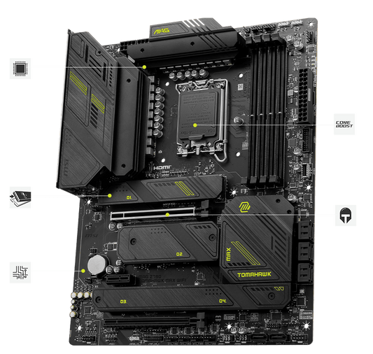 Msi MAG Z790 TOMAHAWK MAX WIFI Intel® LGA 1700 ATX Motherboard, INTEL Z790 Chipset, 4x DDR5, 1x HDMI™, 2x PCI-E x16 slot, 4x M.2, 8x SATA 6G, Intel® 2.5Gbps LAN, Wi-Fi 7, Realtek® ALC4080 Codec, 4x EZ Debug LED, High Quality PCB | 911-7E25-010