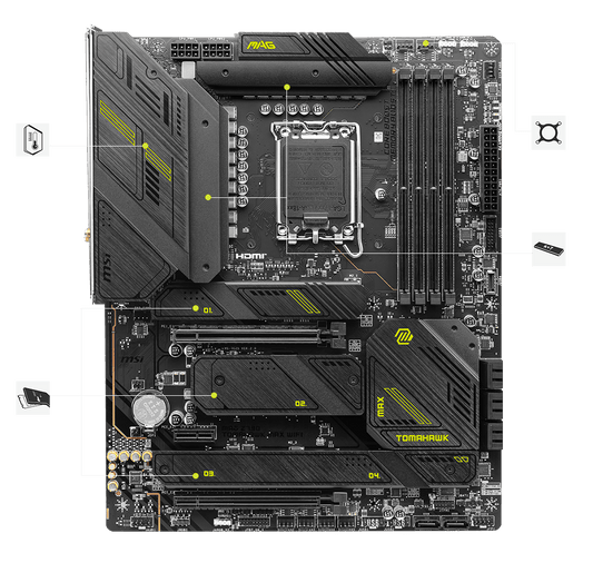 Msi MAG Z790 TOMAHAWK MAX WIFI Intel® LGA 1700 ATX Motherboard, INTEL Z790 Chipset, 4x DDR5, 1x HDMI™, 2x PCI-E x16 slot, 4x M.2, 8x SATA 6G, Intel® 2.5Gbps LAN, Wi-Fi 7, Realtek® ALC4080 Codec, 4x EZ Debug LED, High Quality PCB | 911-7E25-010