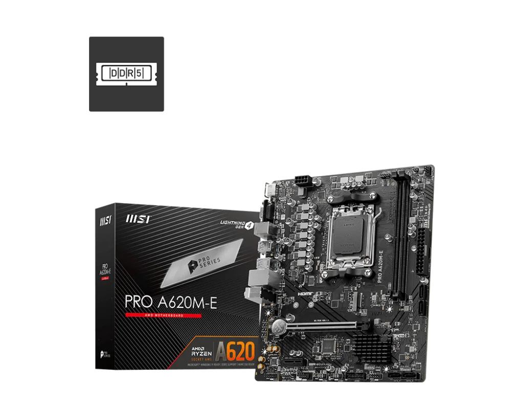 MSI PRO A620M-E ProSeries Motherboard (AMD 9000/8000/7000 Series Processors, AM5, DDR5, PCIe 4.0, SATA 6Gb/s, M.2, USB 3.2 Gen 1, DVI/HDMI, mATX)-GC