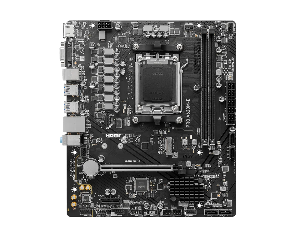 MSI PRO A620M-E ProSeries Motherboard (AMD 9000/8000/7000 Series Processors, AM5, DDR5, PCIe 4.0, SATA 6Gb/s, M.2, USB 3.2 Gen 1, DVI/HDMI, mATX)-GC