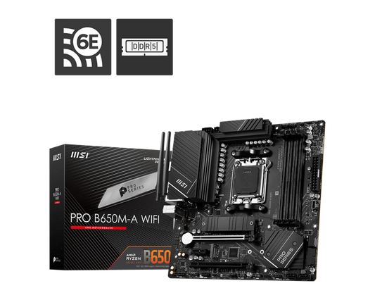 Msi PRO B650M-A WIFI AM5 Micro-ATX Motherboard, AMD B650 Chipset, 4 x 2-Channel DDR5 Slots, 128GB Max Memory, Wi-Fi 6E, 2x PCI-E x16, 2x M.2, 1x HDMI, 1x DP, USB 23.2/2.0