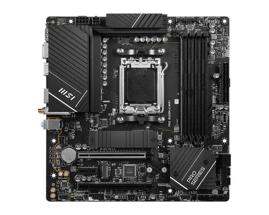 Msi PRO B650M-A WIFI AM5 Micro-ATX Motherboard, AMD B650 Chipset, 4 x 2-Channel DDR5 Slots, 128GB Max Memory, Wi-Fi 6E, 2x PCI-E x16, 2x M.2, 1x HDMI, 1x DP, USB 23.2/2.0