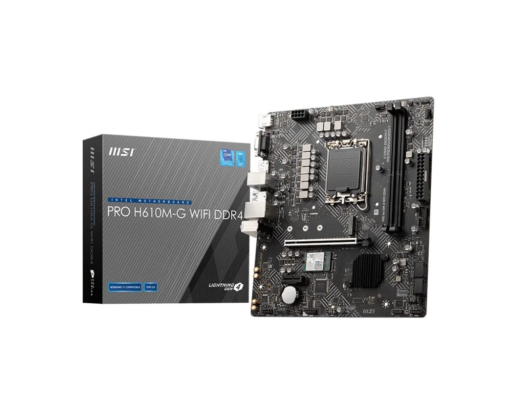 MSI Pro H610M-G Wifi Ddr4 M-ATX Motherboard, Intel H610, LGA 1700, Dual Memory Channel, 2X Dimm, 64gb Max Memory, 2X Pcle, 4X Sata III, 1X M.2, HDMI, VGA, Displayport, 10X Usb Ports | 911-7d46-079-GC