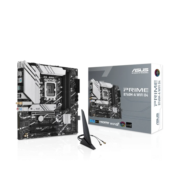 Asus PRIME B760M-A WIFI D4 Motherboard, Intel B760 (LGA 1700) mATX motherboard, PCIe 4.0, 4 x DIMM, 2x M.2 slots, Realtek 2.5Gb Ethernet, Wi-Fi 6, DisplayPort, Dual HDMI, SATA 6 Gbps, USB 3.2 Gen 2, Type-C, Aura Sync