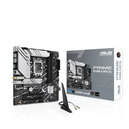 Asus PRIME B760M-A WIFI D4 Motherboard, Intel B760 (LGA 1700) mATX motherboard, PCIe 4.0, 4 x DIMM, 2x M.2 slots, Realtek 2.5Gb Ethernet, Wi-Fi 6, DisplayPort, Dual HDMI, SATA 6 Gbps, USB 3.2 Gen 2, Type-C, Aura Sync