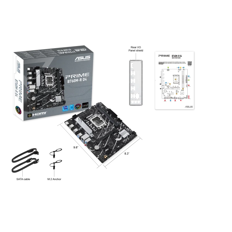 ASUS PRIME B760M-R DDR4 Intel B760 LGA 1700 micro-ATX Motherboard, PCIe 4.0, two PCIe 4.0 M.2 slots, DDR4, Realtek 2.5Gb Ethernet, HDMI, SATA 6 Gbps, front USB 5Gbps ports, Aura Sync | 90MB1HA0-M0EAY0-GC