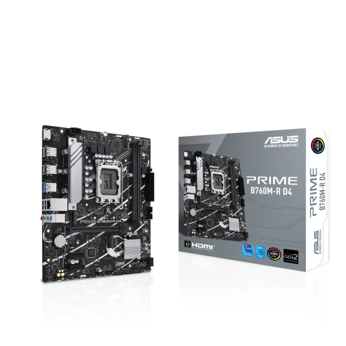 ASUS PRIME B760M-R DDR4 Intel B760 LGA 1700 micro-ATX Motherboard, PCIe 4.0, two PCIe 4.0 M.2 slots, DDR4, Realtek 2.5Gb Ethernet, HDMI, SATA 6 Gbps, front USB 5Gbps ports, Aura Sync | 90MB1HA0-M0EAY0-GC