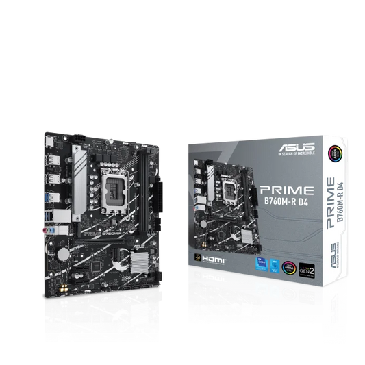 ASUS PRIME B760M-R DDR4 Intel B760 LGA 1700 micro-ATX Motherboard, PCIe 4.0, two PCIe 4.0 M.2 slots, DDR4, Realtek 2.5Gb Ethernet, HDMI, SATA 6 Gbps, front USB 5Gbps ports, Aura Sync | 90MB1HA0-M0EAY0-GC