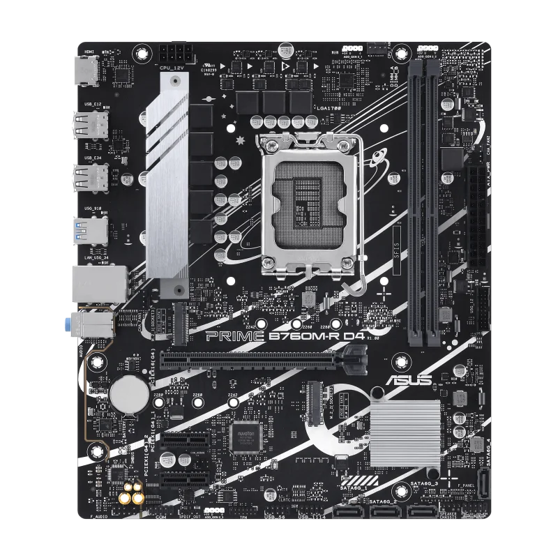 ASUS PRIME B760M-R DDR4 Intel B760 LGA 1700 micro-ATX Motherboard, PCIe 4.0, two PCIe 4.0 M.2 slots, DDR4, Realtek 2.5Gb Ethernet, HDMI, SATA 6 Gbps, front USB 5Gbps ports, Aura Sync | 90MB1HA0-M0EAY0-GC