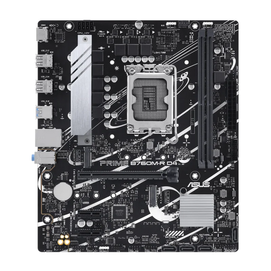 ASUS PRIME B760M-R DDR4 Intel B760 LGA 1700 micro-ATX Motherboard, PCIe 4.0, two PCIe 4.0 M.2 slots, DDR4, Realtek 2.5Gb Ethernet, HDMI, SATA 6 Gbps, front USB 5Gbps ports, Aura Sync | 90MB1HA0-M0EAY0-GC