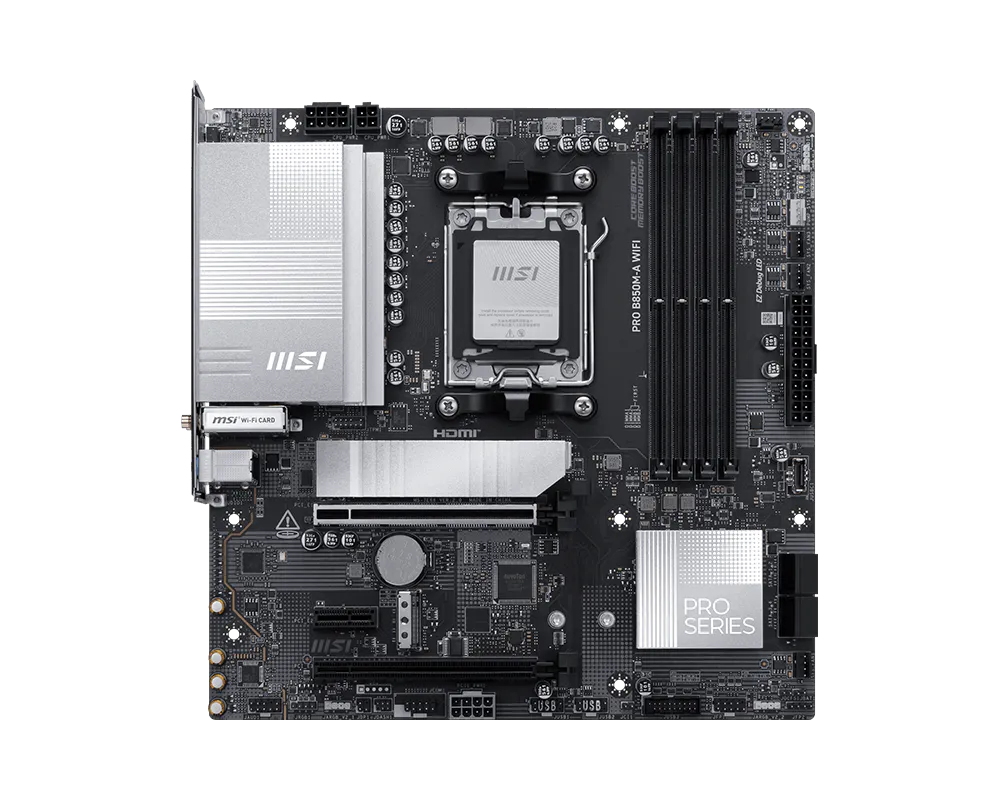 MSI PRO B850M-P WIFI AMD B850 AM5 Micro-ATX Motherboard, DDR5 8200+ MT/s (OC), PCIe 5.0 x16, Wi-Fi 7, Bluetooth 5.4, 5G LAN, Dual M.2 PCIe 5.0, USB 10Gbps Type-C, HDMI 2.1, DisplayPort 1.4
