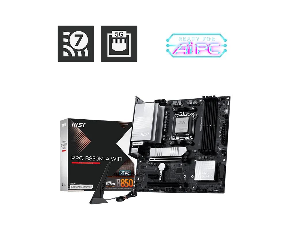 MSI PRO B850M-P WIFI AMD B850 AM5 Micro-ATX Motherboard, DDR5 8200+ MT/s (OC), PCIe 5.0 x16, Wi-Fi 7, Bluetooth 5.4, 5G LAN, Dual M.2 PCIe 5.0, USB 10Gbps Type-C, HDMI 2.1, DisplayPort 1.4
