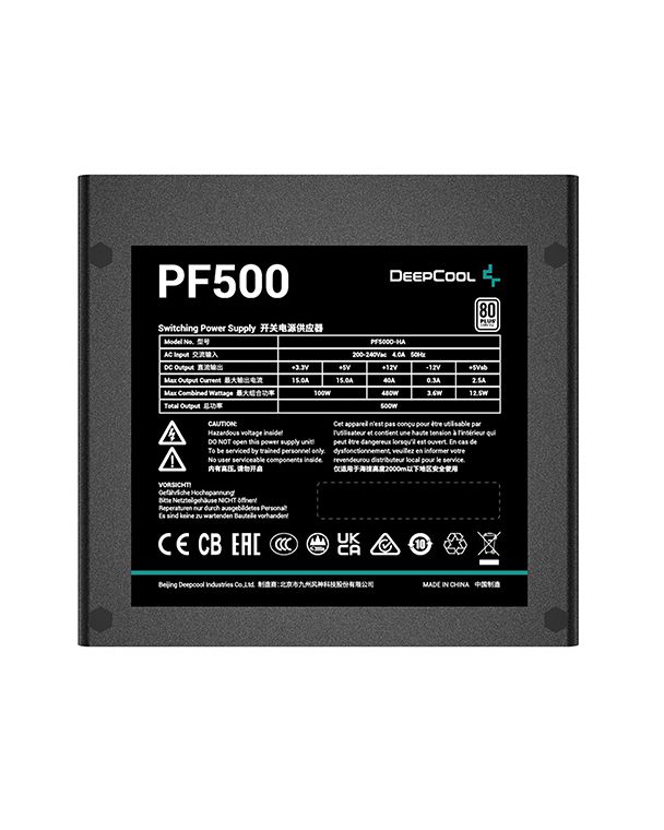 DEEPCOOL PF500D 500 WATTS POWER SUPPLY UNIT, 120MM FAN SIZE, ACTIVE PFC + DOUBLE TUBE FORWARD, HYPRO BEARING, 80 PLUS STANDARD, 100-500MS GOOD SIGNAL | R-PF500D-HA0B-UK