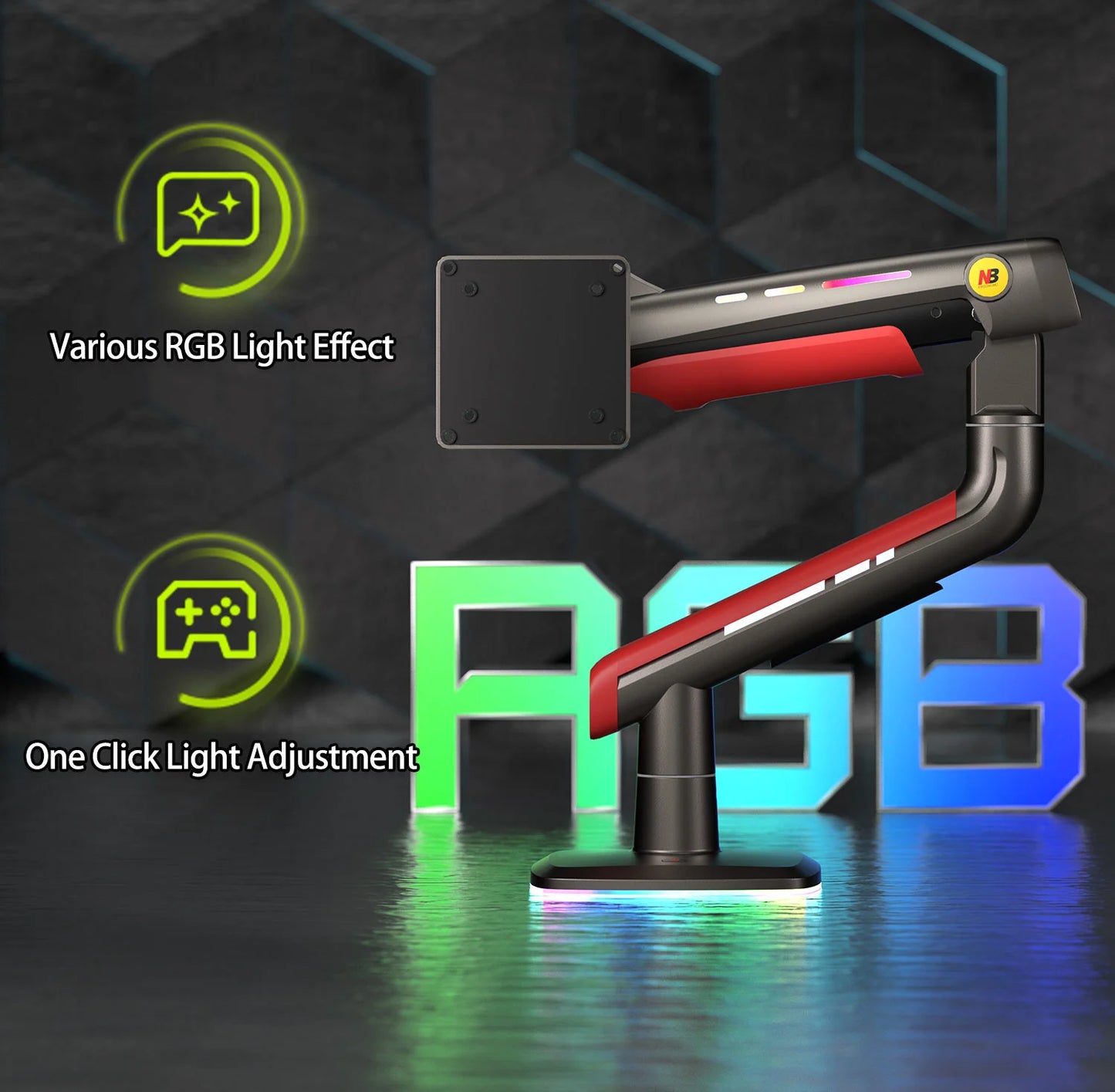NB F5-GR RGB Gaming Monitor Arm | Gas Spring, 360° Rotation, 32–60 Inch Screens, up to 20kg – Dark Red