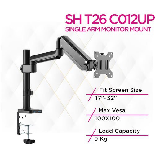 Skill Tech SH T26 C012UP Single Monitor Gas Spring Monitor Arm With Usb Ports