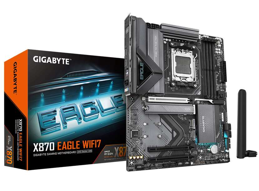 GIGABYTE X870 EAGLE WIFI7 AMD X870 AM5 ATX Gaming Motherboard, DDR5 8200+ (OC), PCIe 5.0 x16, Wi-Fi 7, Bluetooth 5.4, USB4 Type-C, 4× M.2 NVMe, 2.5GbE LAN, HDMI 2.1, DisplayPort 1.4, Q-Flash Plus