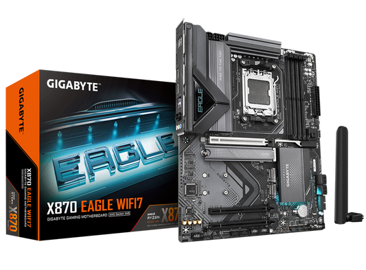 GIGABYTE X870 EAGLE WIFI7 AMD X870 AM5 ATX Gaming Motherboard, DDR5 8200+ (OC), PCIe 5.0 x16, Wi-Fi 7, Bluetooth 5.4, USB4 Type-C, 4× M.2 NVMe, 2.5GbE LAN, HDMI 2.1, DisplayPort 1.4, Q-Flash Plus Games Corner 