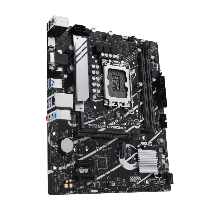 Asus Prime B760M-K,Intel® B760 LGA 1700 mATX motherboard with PCIe 4.0, two PCIe 4.0 M.2 slots, DDR5, Realtek 2.5Gb Ethernet, VGA, HDMI™, SATA 6 Gbps, front USB 3.2 Gen 1, Aura Sync