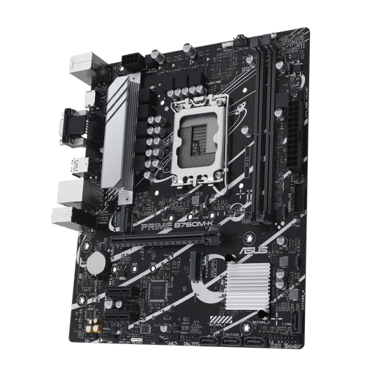 Asus Prime B760M-K,Intel® B760 LGA 1700 mATX motherboard with PCIe 4.0, two PCIe 4.0 M.2 slots, DDR5, Realtek 2.5Gb Ethernet, VGA, HDMI™, SATA 6 Gbps, front USB 3.2 Gen 1, Aura Sync