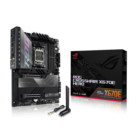 Asus ROG Crosshair X670E Hero AMD X670 AM5 Ryzen™ Desktop 9000 8000 & 7000 ATX Motherboard, 18 + 2 Power Stages, PCIe® 5.0, DDR5, 5X M.2 Slots, USB 3.2 Gen 2x2 with Quick Charge 4+, USB4®, Wi-Fi 6E-GC