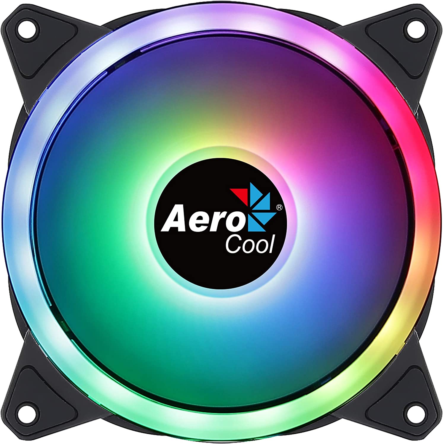 Aerocool Duo 12 PC fan – 120mm Fan with Double Ring RGB LED Lighting and 28 LEDs, Includes a 6-Pin Connector, Curved Blades and Anti-Vibration Pads, ARGB hub Compatible, 1000 RPM, Single Fa