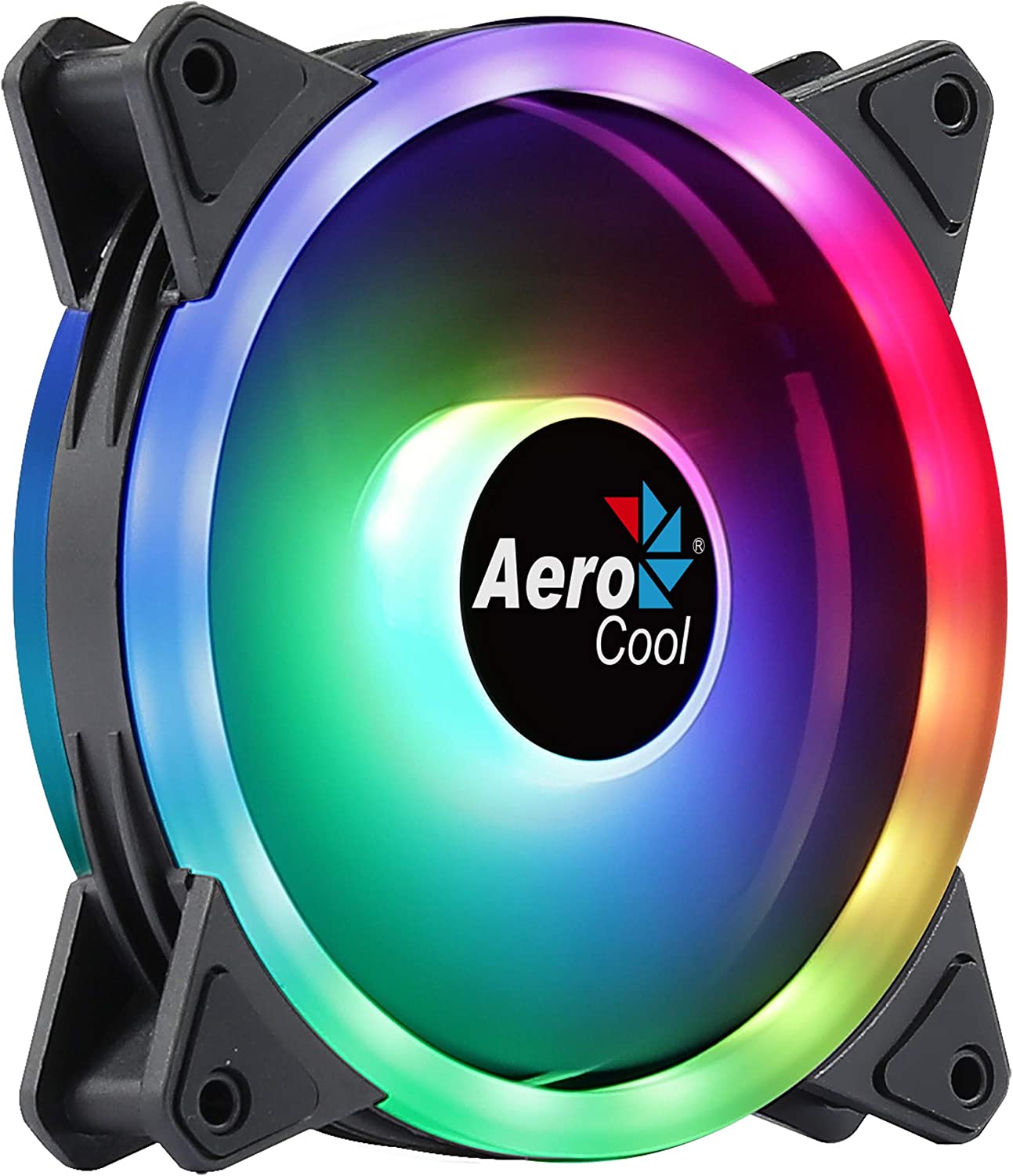 Aerocool Duo 12 PC fan – 120mm Fan with Double Ring RGB LED Lighting and 28 LEDs, Includes a 6-Pin Connector, Curved Blades and Anti-Vibration Pads, ARGB hub Compatible, 1000 RPM, Single Fa